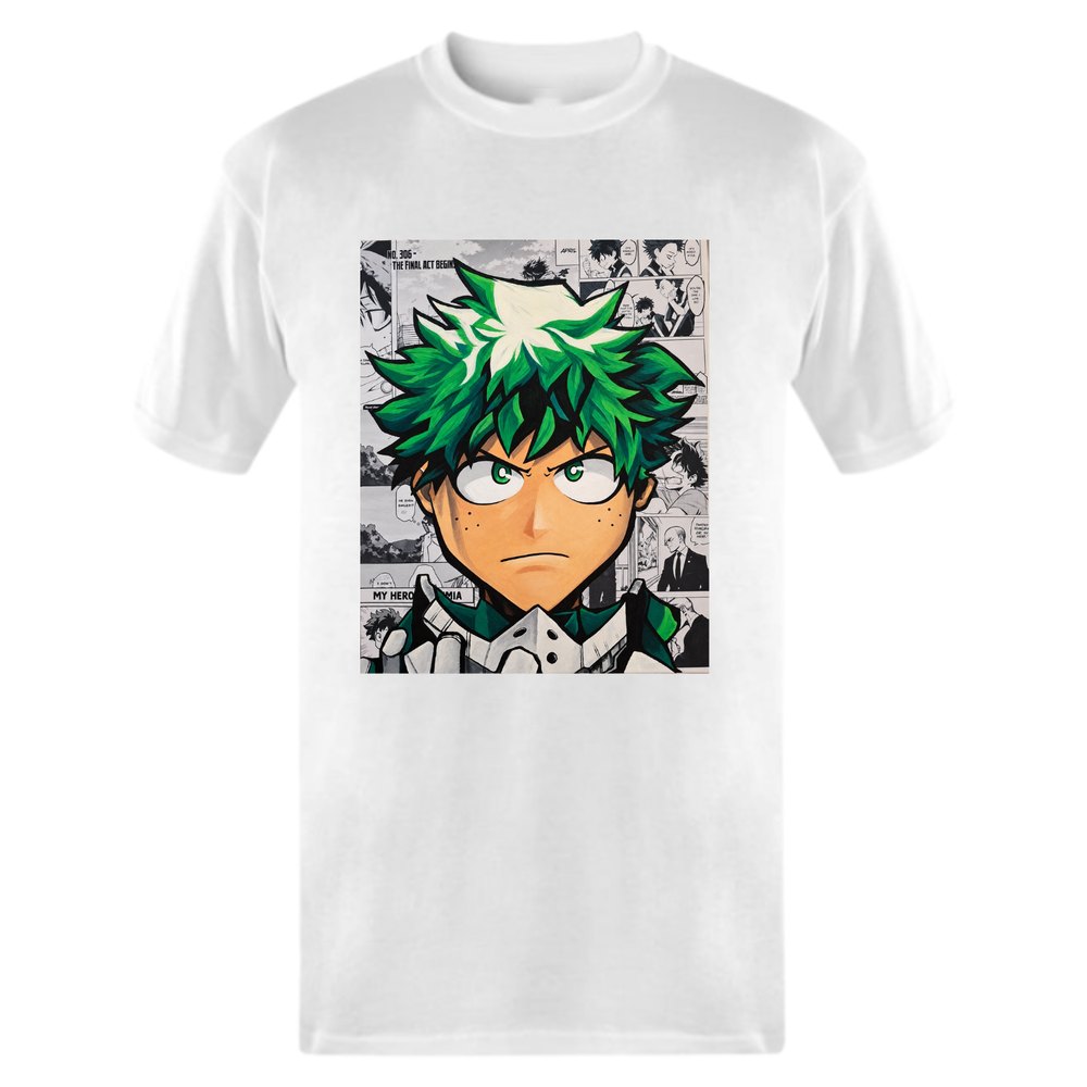 White short-sleeve T-shirt with a Anime Character anime print over a black and white manga panel backdrop