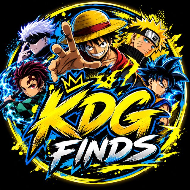KDG Finds logo — anime heroes in a yellow and blue lightning circle